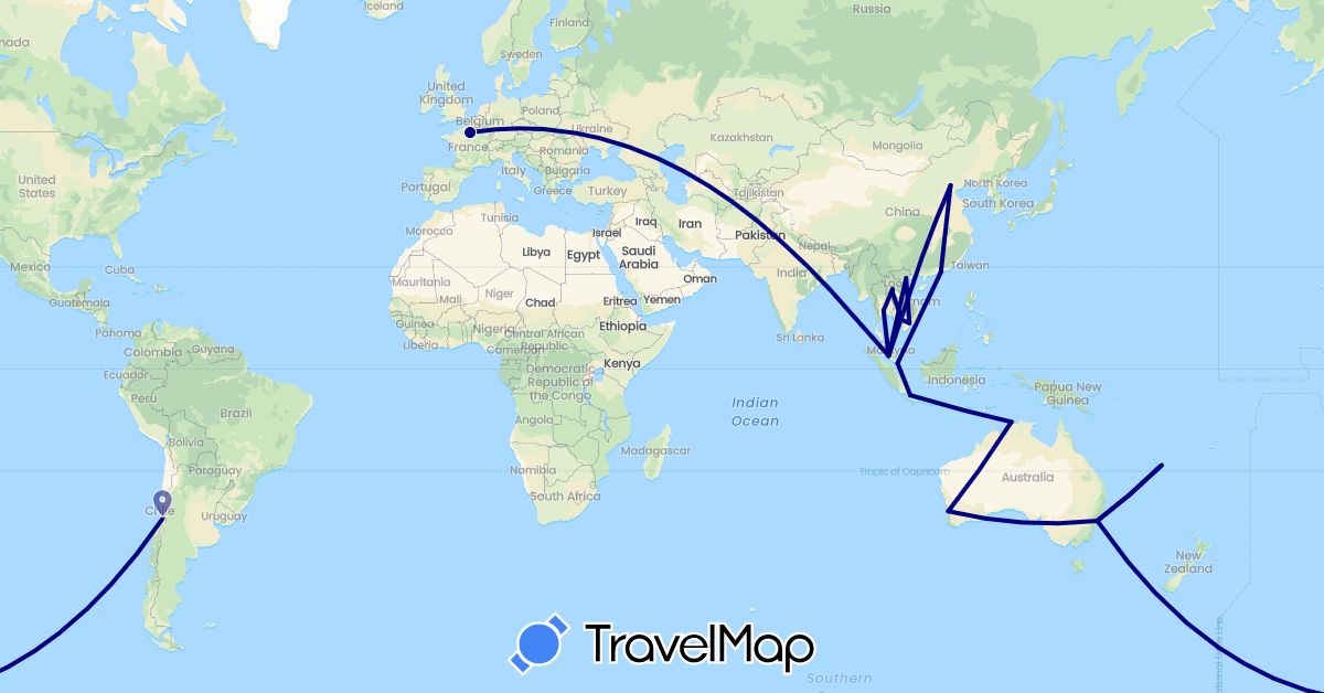 TravelMap itinerary: driving in Australia, Chile, China, France, Hong Kong, Indonesia, Cambodia, Laos, Malaysia, New Caledonia, Singapore, Thailand, Vietnam (Asia, Europe, Oceania, South America)